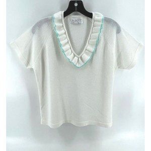 Vintage Talbott Womens Knit Top Shirt Medium Ruffle V Neck White Turquoise